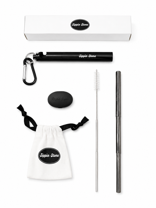 Sippin Stone Complete Straw Kit – Anti-Wrinkle Silicone Straw Tip, Collapsible Stainless Steel Straw, Cleaner Brush, Travel Case & Pouch