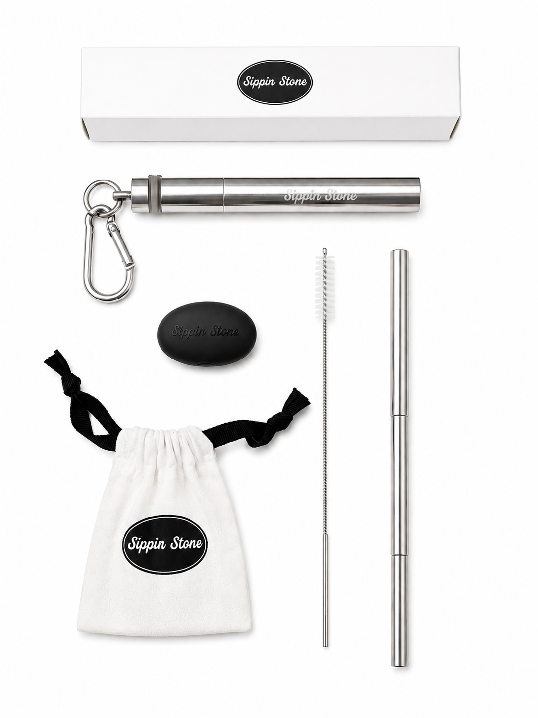 Sippin Stone Complete Straw Kit – Anti-Wrinkle Silicone Straw Tip, Collapsible Stainless Steel Straw, Cleaner Brush, Travel Case & Pouch